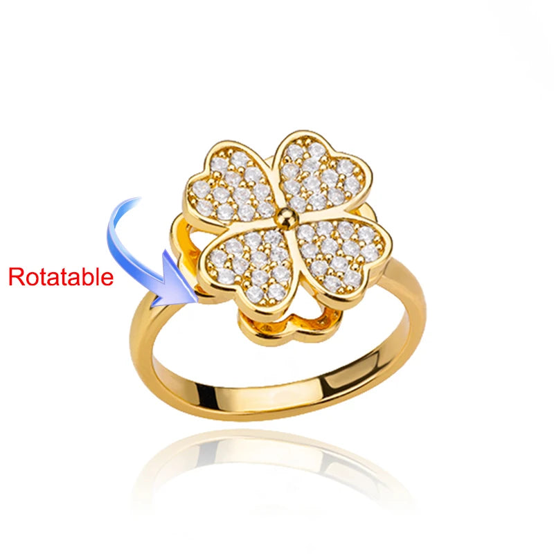 Four Clover Rotating Anxiety Ring – Elegant Gold Adjustable Ring for Women ✨