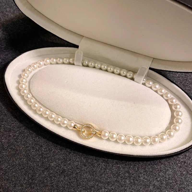 French Elegant Pearl Beaded Necklace with Zircon Round Buckle – Timeless Jewelry for Women