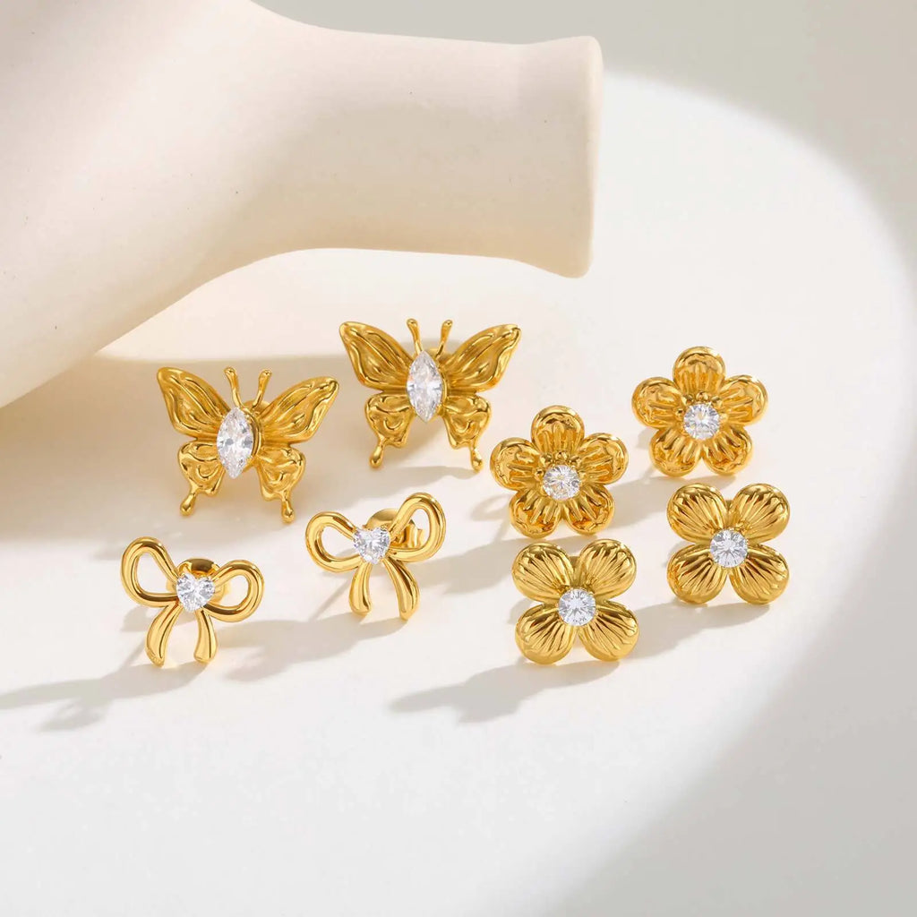Zirconia Butterfly Bow Stud Earrings – Delicate Gold-Plated Fashion Jewelry