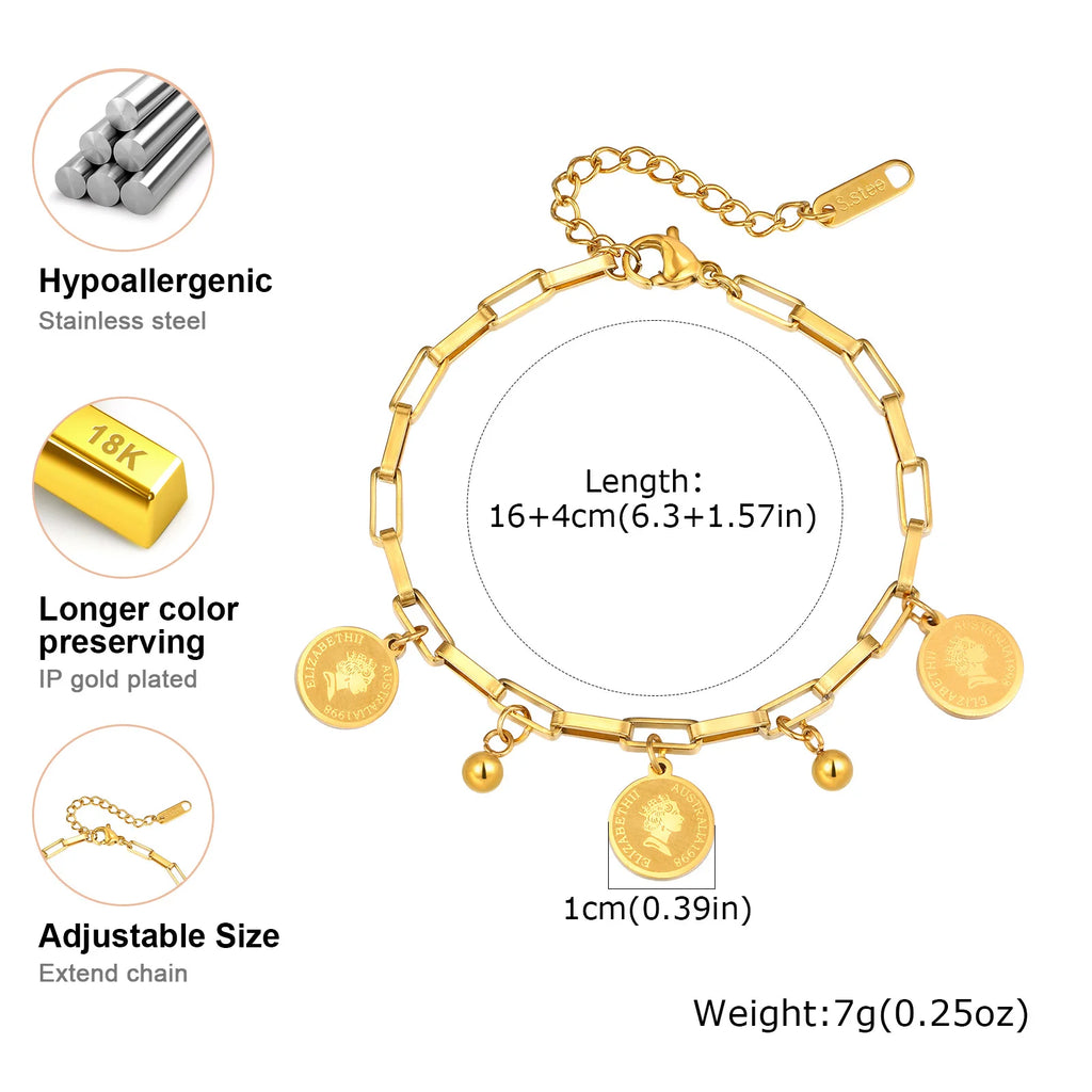 Stainless Steel Round Queen Elizabeth Charms Bracelet – Vintage Portrait Jewelry for women