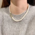 French Elegant Pearl Beaded Necklace with Zircon Round Buckle – Timeless Jewelry for Women