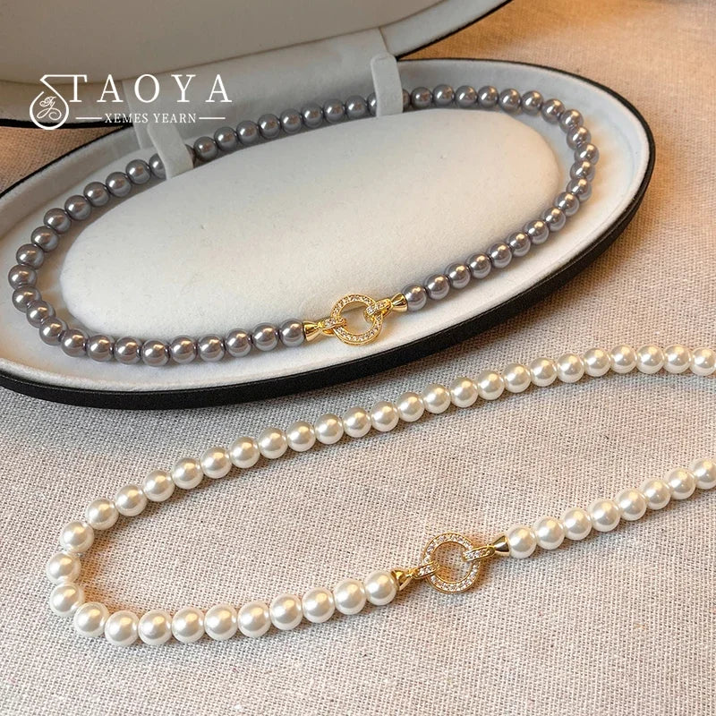 French Elegant Pearl Beaded Necklace with Zircon Round Buckle – Timeless Jewelry for Women