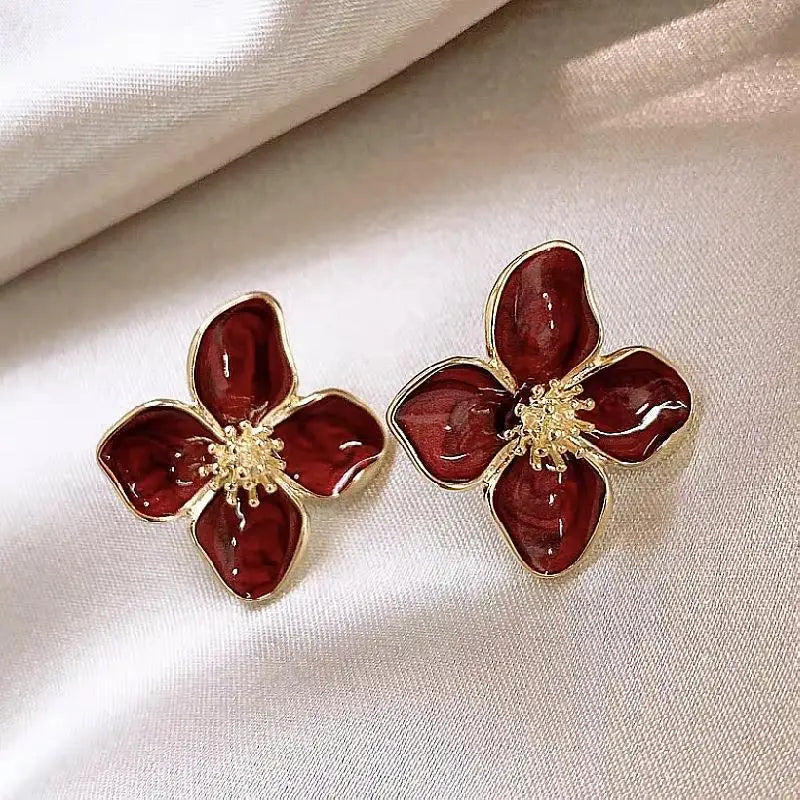 Korean Retro Drip Glaze Red Flower Earrings – Elegant Studs for Women