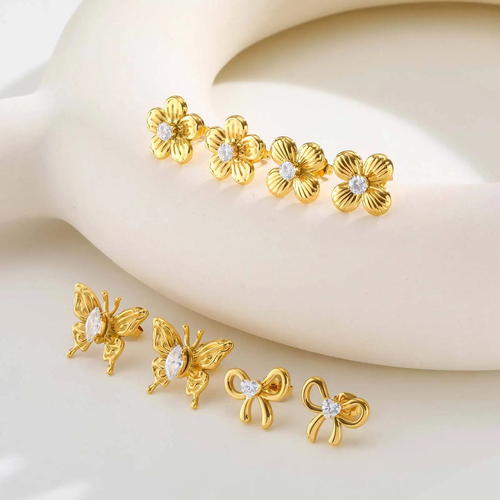 Zirconia Butterfly Bow Stud Earrings – Delicate Gold-Plated Fashion Jewelry