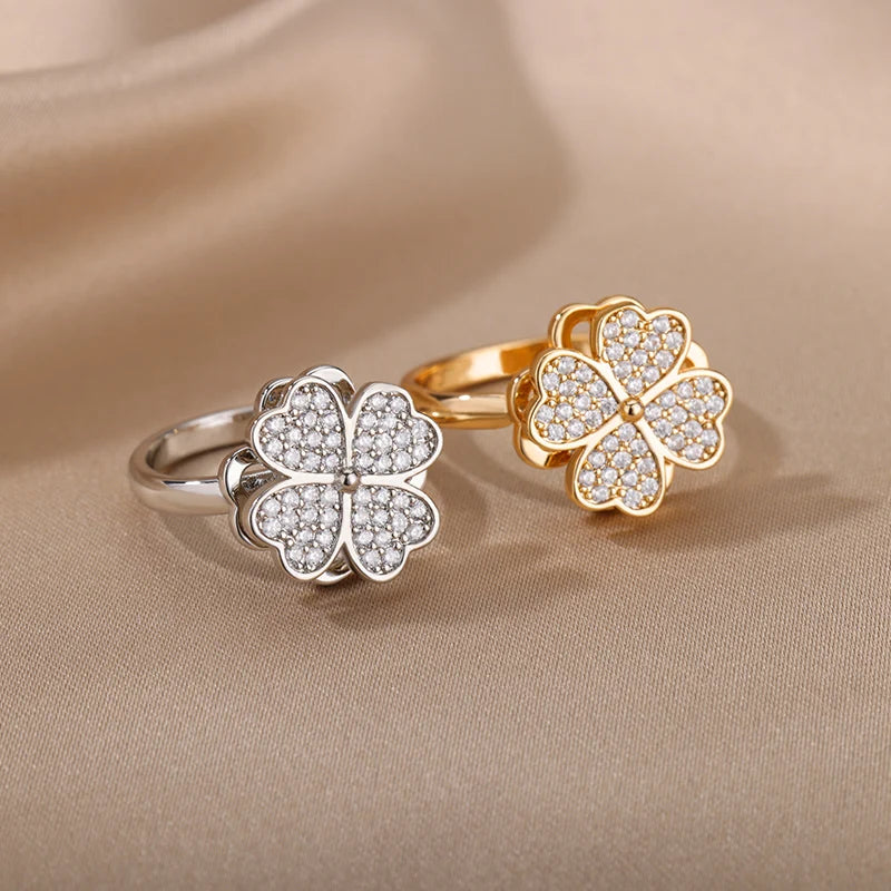 Four Clover Rotating Anxiety Ring – Elegant Gold Adjustable Ring for Women ✨