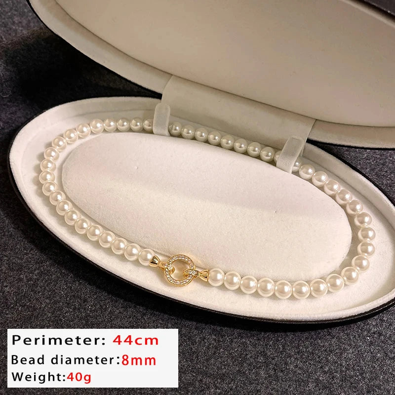 French Elegant Pearl Beaded Necklace with Zircon Round Buckle – Timeless Jewelry for Women