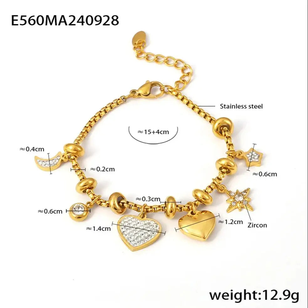 Ailodo Zircon Moon Star Heart Pendant Bracelet – 18K Gold Plated