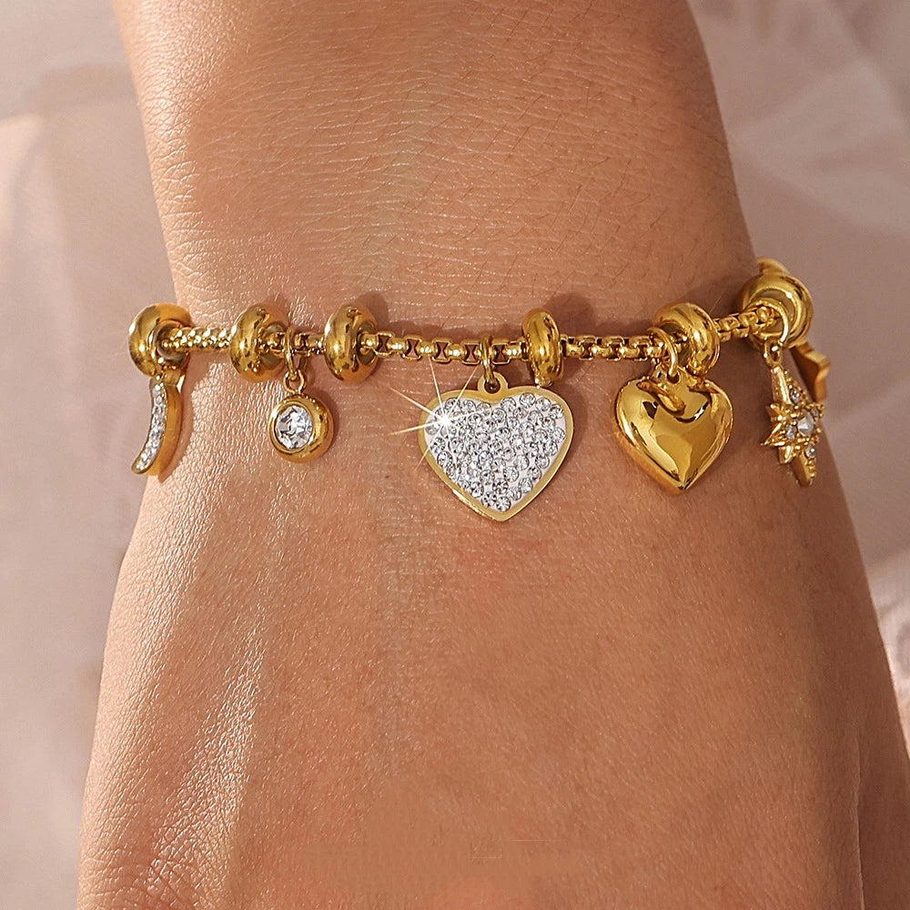 Ailodo Zircon Moon Star Heart Pendant Bracelet – 18K Gold Plated