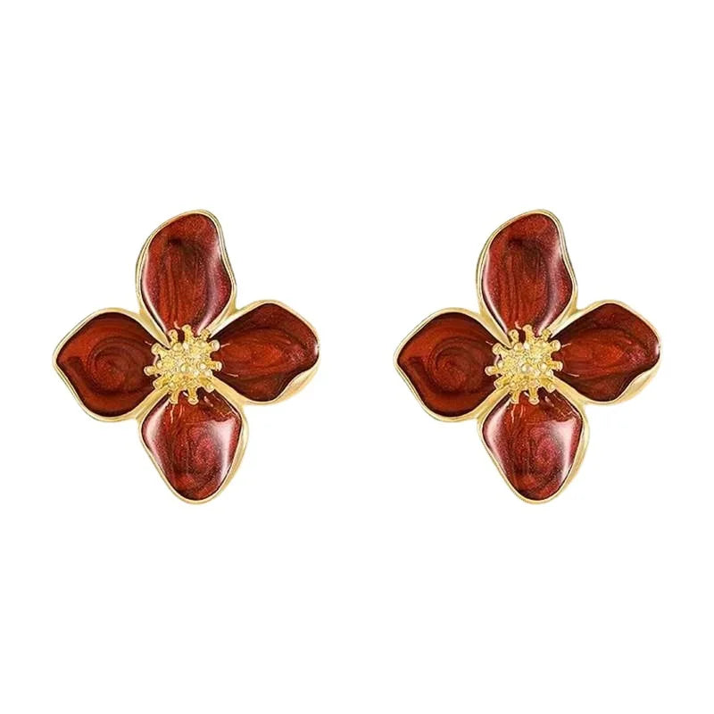 Korean Retro Drip Glaze Red Flower Earrings – Elegant Studs for Women