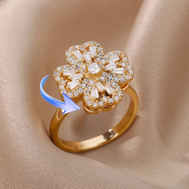 Four Clover Rotating Anxiety Ring – Elegant Gold Adjustable Ring for Women ✨