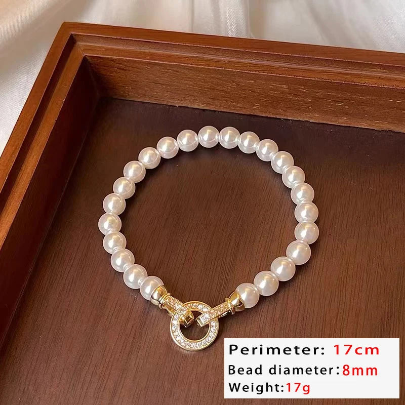 French Elegant Pearl Beaded Necklace with Zircon Round Buckle – Timeless Jewelry for Women
