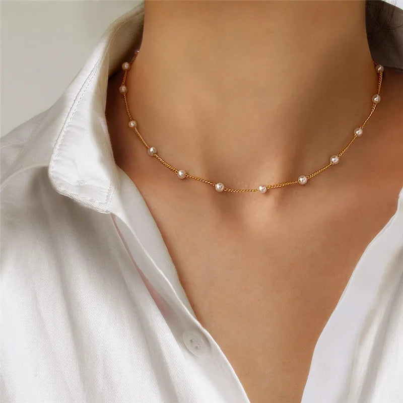 Trendy Kpop Pearl Bead Choker Necklace – Gothic Gold Chain for Women