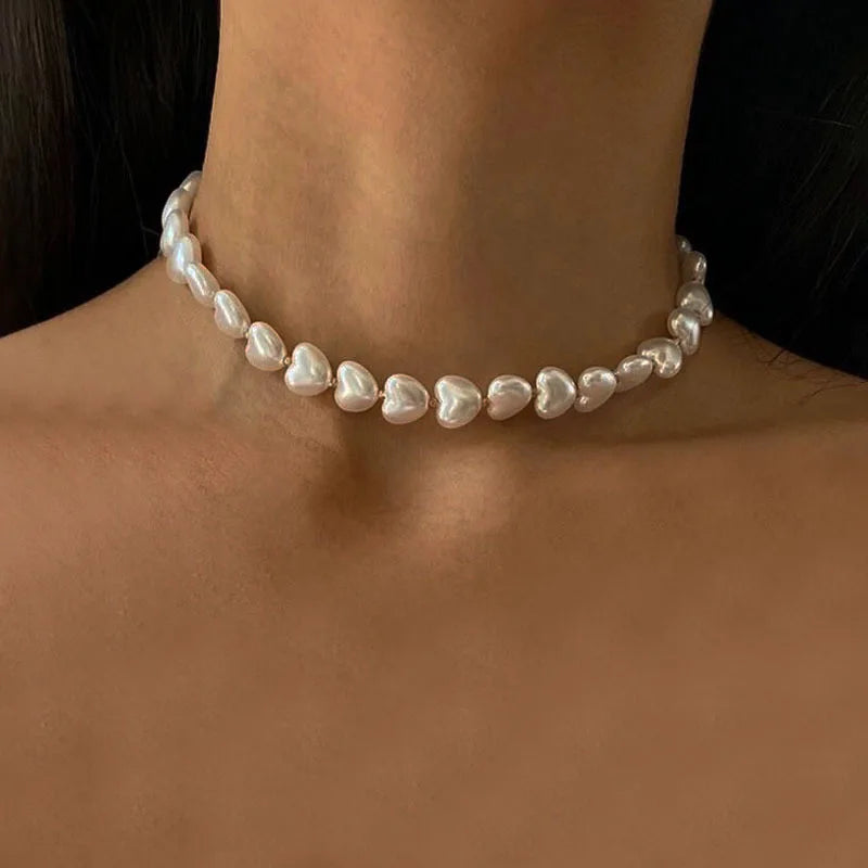Elegant Multi-Layer Pearl Necklace with Heart Pendant – Trendy Choker for Women