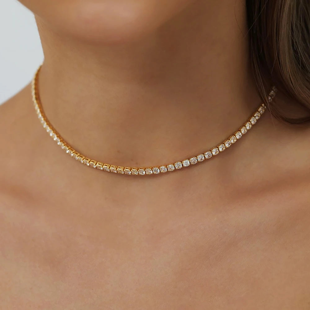 2mm Moissanite Tennis Necklace – 18K Gold Plated S925 Sterling Silver Choker