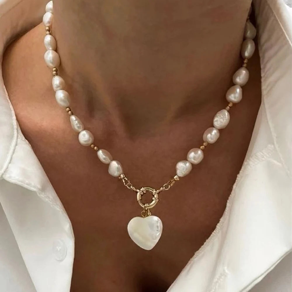 Elegant Multi-Layer Pearl Necklace with Heart Pendant – Trendy Choker for Women