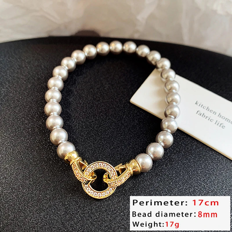 French Elegant Pearl Beaded Necklace with Zircon Round Buckle – Timeless Jewelry for Women