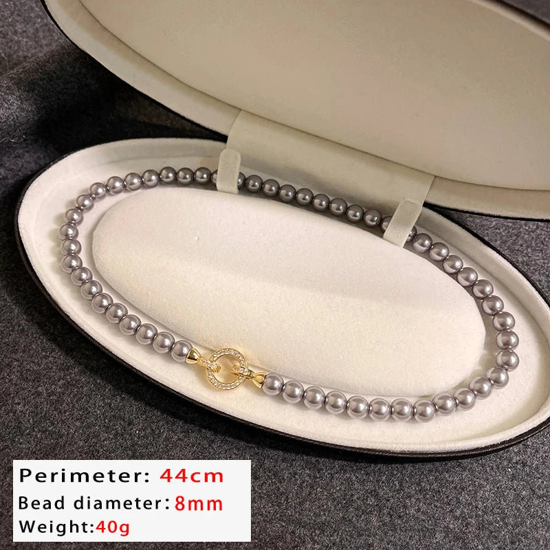 French Elegant Pearl Beaded Necklace with Zircon Round Buckle – Timeless Jewelry for Women