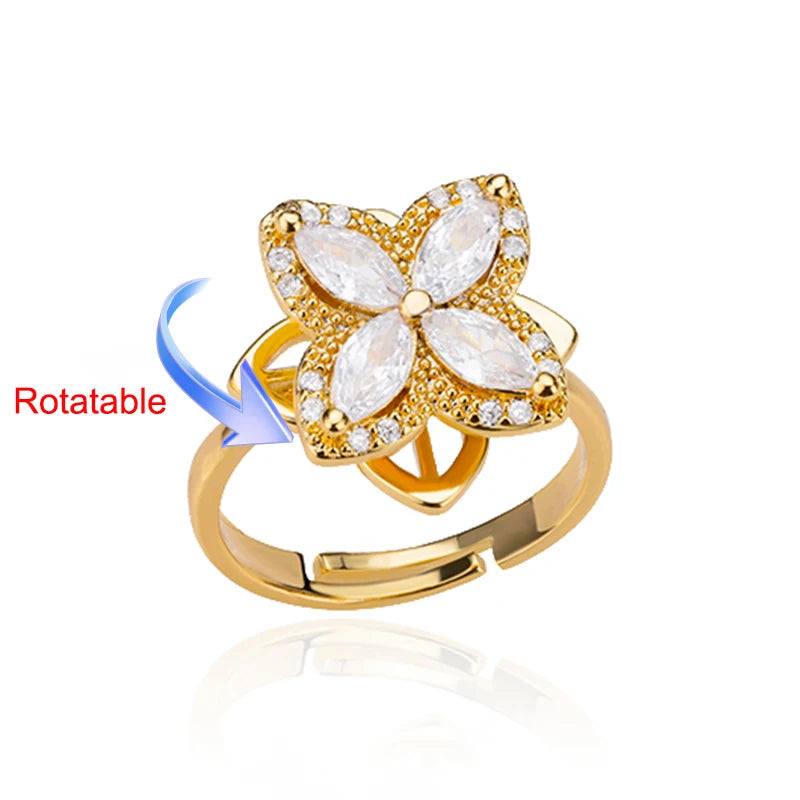Four Clover Rotating Anxiety Ring – Elegant Gold Adjustable Ring for Women ✨